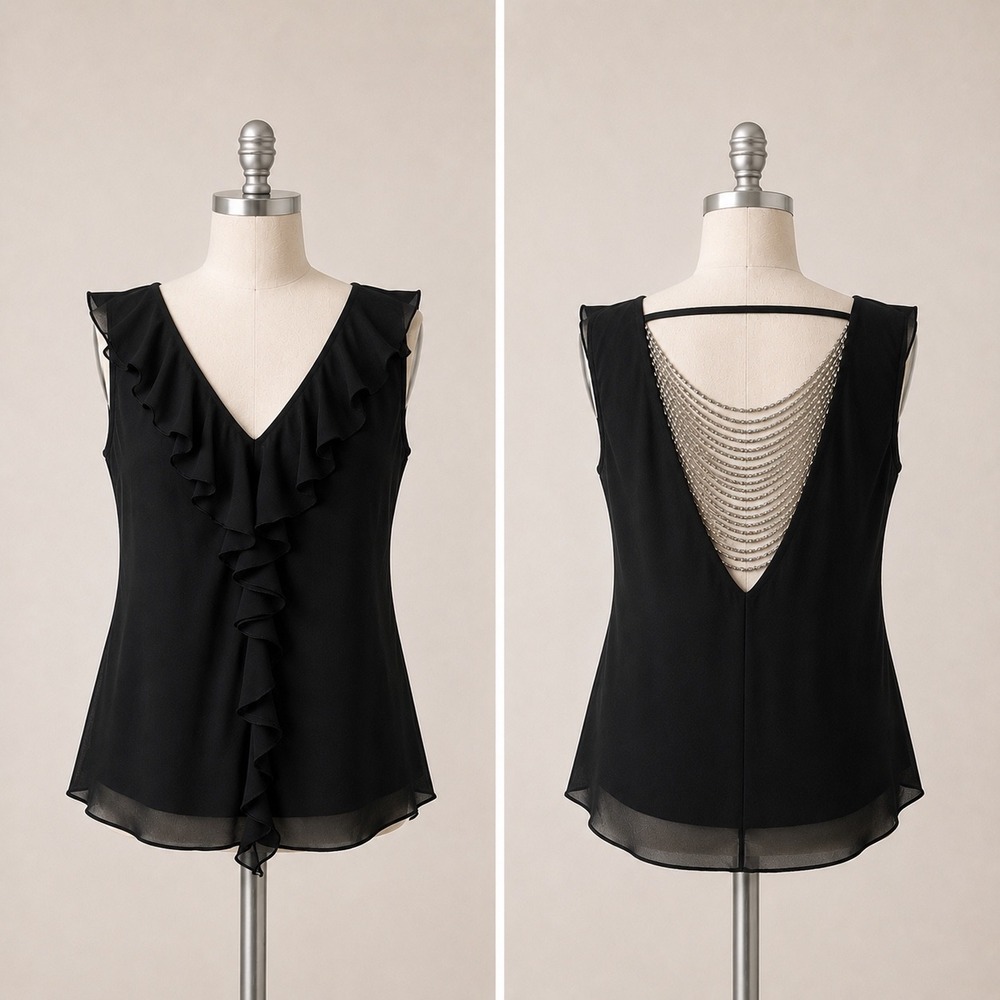 IZ Byer Ruffle Blouse M Black Beaded Chain Open Back Sleeveless Chiffon Top